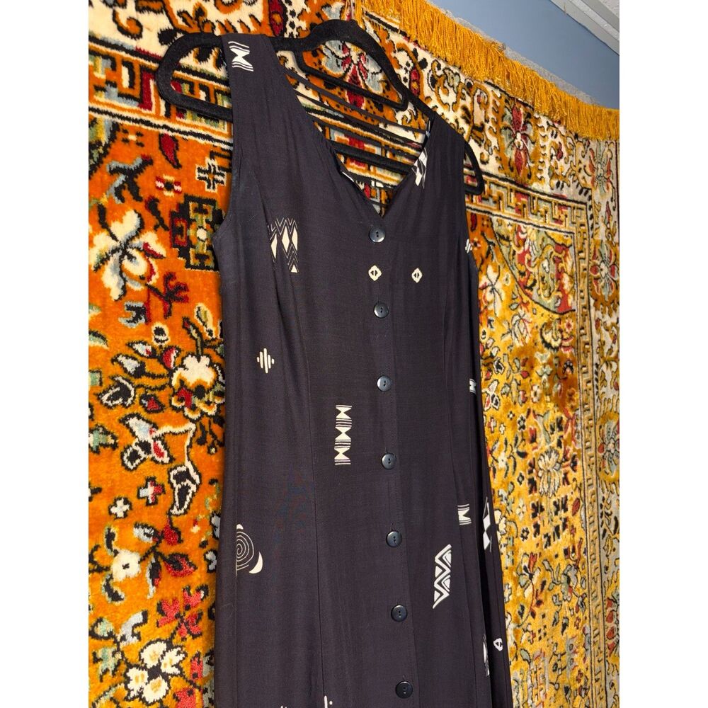 VTG Black White Folk Art Print Button Front Midi Dress w/Strappy Back sz 8 - Picture 4 of 10